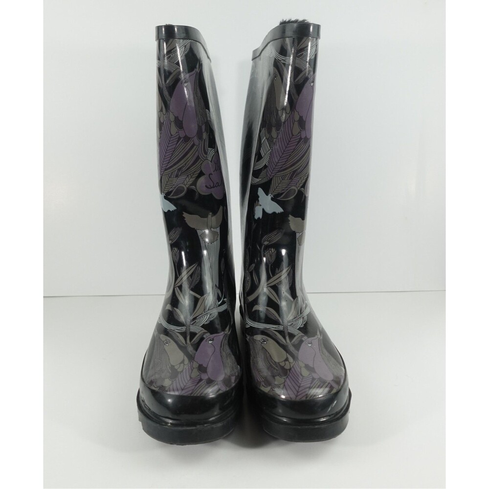 Sakroots Women's Rain Boots Black Floral Purple Butterfly Mid-Calf Size 9 - Picture 2 of 10